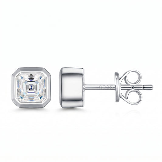 Luvia luxury Asscher cut bezel-set moissanite stud earrings in 18K white gold plated 925 sterling silver.