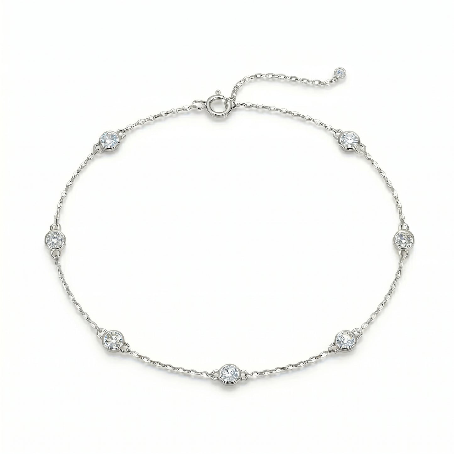 Luvia Jewelers seven-stone moissanite station bracelet in solid 925 sterling silver with adjustable chain.