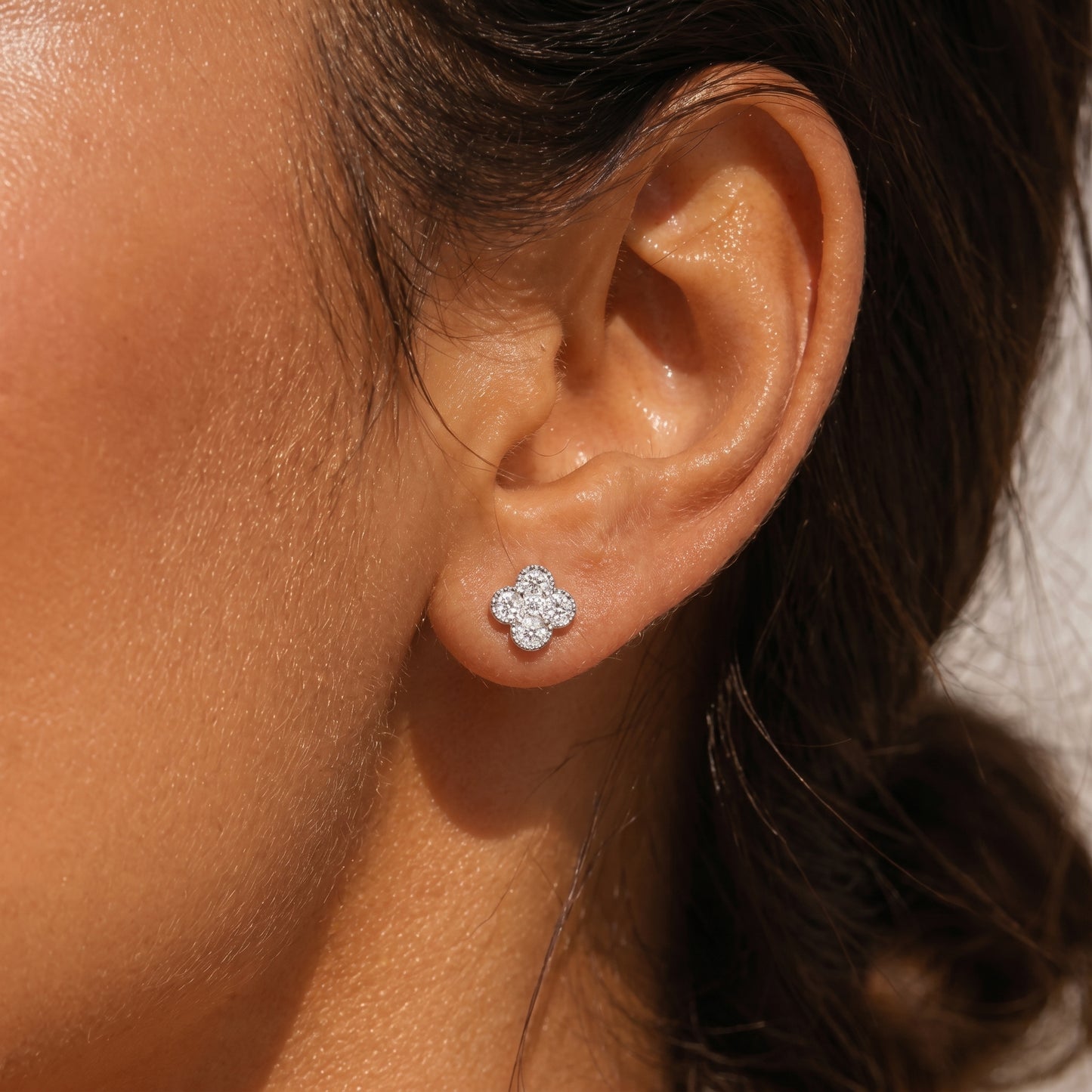 0.3ct (4.0mm) Moissanite clover earrings, dainty style for daily wear.